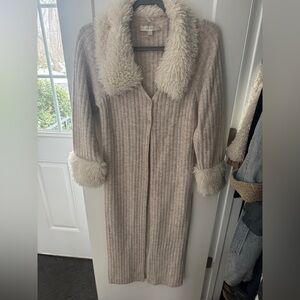 Anthropologie Cream Long Cardigan with Faux Fur Trim